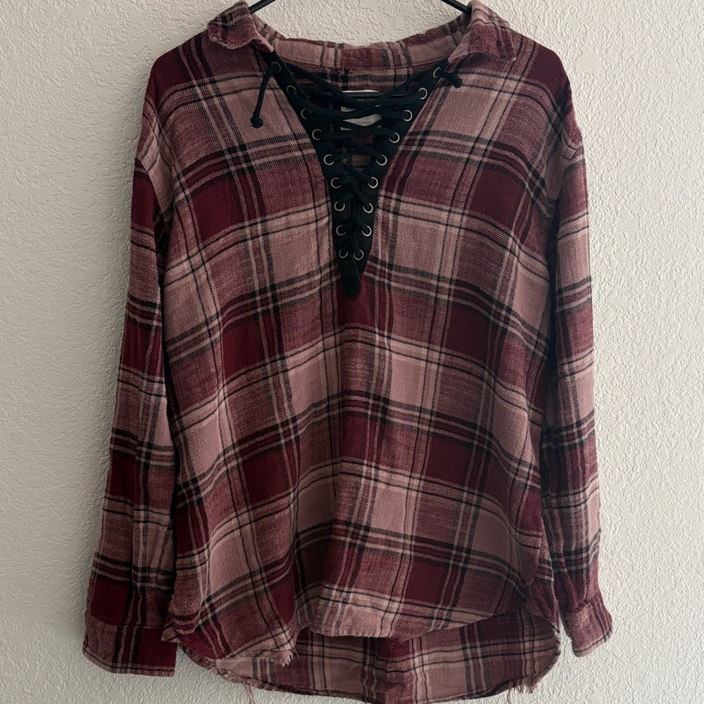 American Eagle Outfitters Burgundy Plaid Lace-Up Shirt